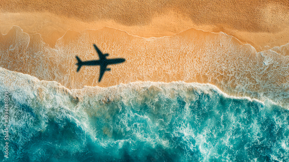 Fototapeta premium Aerial view of plane shadow on a tropical beach. Travel concept.