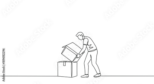 Line drawing of a person lifting a box while unpacking on a transparent background
