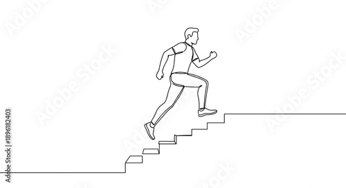 Line drawing of a man running up stairs on a transparent background in a minimalist style emphasizing motion and energy during daytime activity