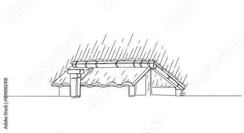 Line drawing of a traditional thatched roof hut in the rain on a transparent background with detailed strokes and texture, showcasing an outdoor setting.