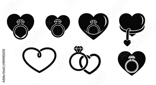 Collection of black heart shape and ring icon