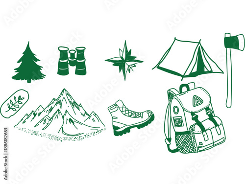 Collection of hand drawn outdoor adventure icons featuring essential camping hiking and wilderness exploration gear for nature enthusiasts planning trips.