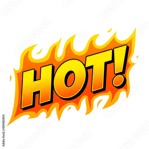 Hot comic book explosion design, fire letters with exclamation mark, trendy pop art style on transparent background