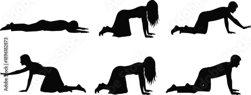 Human crawling silhouettes collection, male and female body movement poses, black figure progression illustrations, minimal vector set