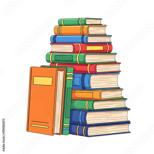 Large stack of colorful textbooks and literature books for academic learning and library organization