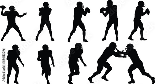 American football player silhouettes showing passing running tackling actions isolated on white background for sports training strategy motion sequence illustration set concept design