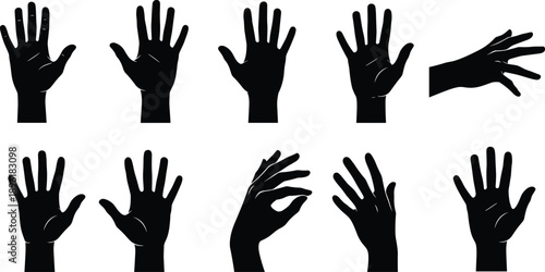 Human hand silhouette gestures collection, open palm and finger poses, black realistic hands set, sign language communication vector illustration