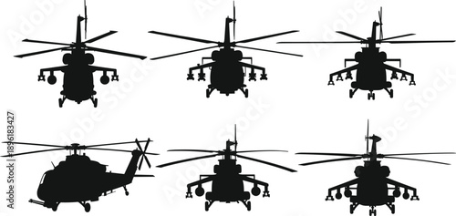 Military attack helicopter silhouettes collection, combat aircraft front side views, army aviation war machine black vector set