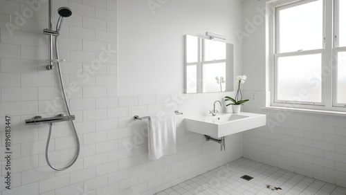 Modern Minimalist Bathroom with White Subway Tiles and Wall-Mounted Sink