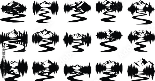 Mountain landscape silhouettes with winding river and pine forest, nature scenery collection, black vector illustration set
