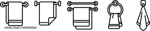 Towel on Hanger Icon Vector Set – Bathroom Towel Rack Line Art Symbols, Minimal Outline Icons