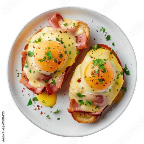 Two open-faced croque madame sandwiches with runny egg yolks and parsley garnish isolated on white background