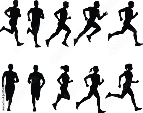 People running in various poses, professional fitness and athletic silhouettes