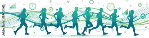 People running fitness illustration, group jogging with data icons, healthy lifestyle activity tracking concept, modern flat vector design