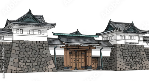 Traditional Japanese Castle Gate Architecture.