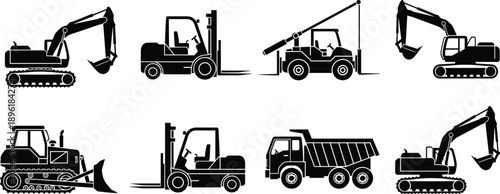Construction machinery silhouette set featuring excavator, forklift, dump truck, crane and bulldozer icons for industrial engineering, heavy equipment, infrastructure, and building industry design