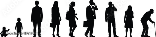 Human life stages, baby, toddler, adult, elderly, walking, crawling, standing, silhouette, black vector, editable, flat vector illustration