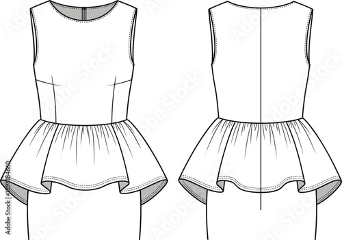 Peplum top, sleeveless, round neckline, princess seam, fitted bodice, flared hem, back view, editable, flat vector fashion illustration