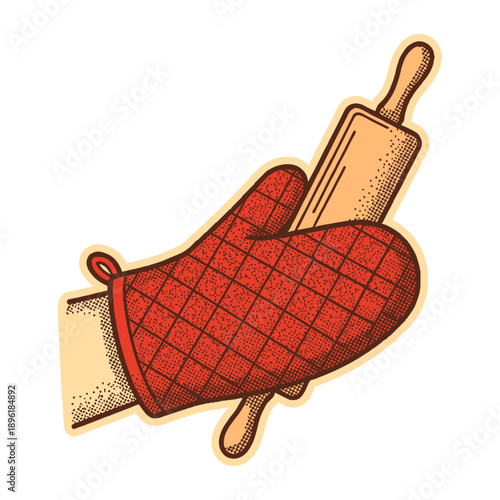 red quilted oven mitt holding a wooden rolling pin in retro halftone style, cooking illustration in vintage stipple effect