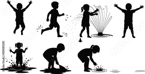 Children playing with water silhouette vector illustration, kids splashing, running and fountain play, black and white, summer outdoor activity concept design