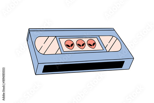 Hand drawn VHS tape with aliens vector doodle illustration. 2000s