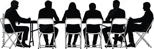 Business meeting silhouettes seated around table, corporate discussion, teamwork collaboration, leadership communication, professional decision making concept, modern office illustration background