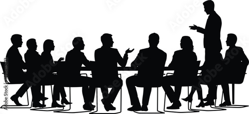 Business meeting silhouettes with executive presentation, corporate discussion, teamwork collaboration, leadership strategy, professional 