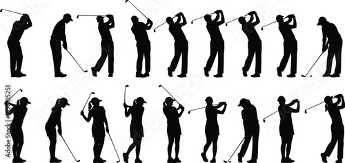 Golf swing silhouette sequence showing professional golfer motion from backswing to follow through, isolated black figures demonstrating golf technique, training progression, and athletic movement on 