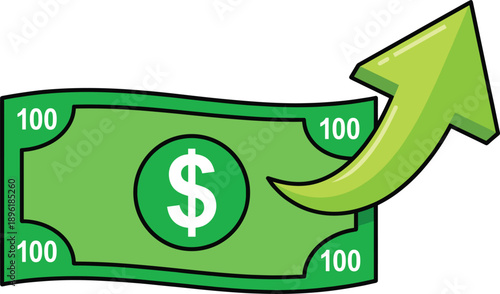 Green dollar banknote with upward arrow symbolizing financial growth, profit increase, business success, income rising, investment return, wealth expansion, and economic progress illustration