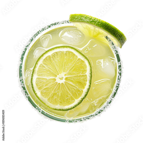 Overhead view of a refreshing margarita cocktail with lime and salt rim isolated on white background
