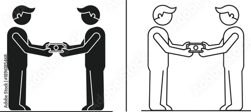 Business exchange concept illustration, two people handing product, transaction process icons, black and white vector isolated design
