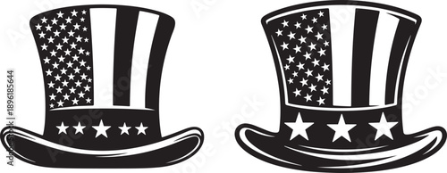 Black and white patriotic top hat vector design with american flag elements, Stylized uncle sam top hat with american flag stars and stripes design