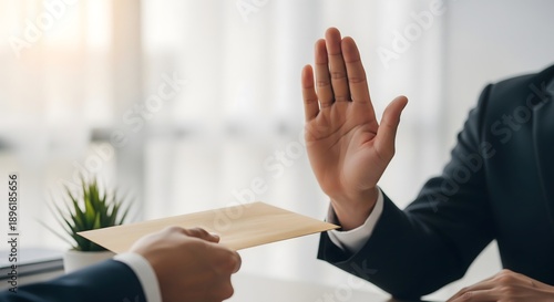 Businessman Refusing Bribe Envelope, Anti Corruption and Ethical Business Concept, Corporate Integrity and Compliance, Honesty and Transparency Background