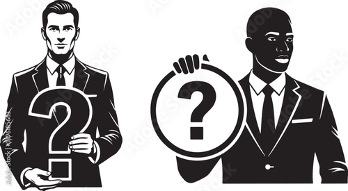 A man in a suit holding a sign with a question mark icon, Businessman holding question mark. Business Finance Corporate Office Success Entrepreneur Clipart Line Art Vector Illustration.