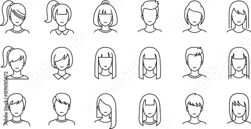 Avatar profile icons set, male and female faces line art illustration, user interface design elements, minimal outline vector collection