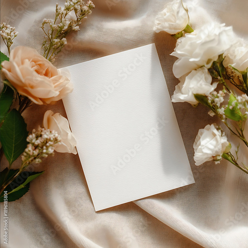 flat lay of a blank 5x7 wedding thank you card on soft ivory linen fabric no text no writing soft natural light and gentle shadows warm beige and cream tones minimalist romantic editorial