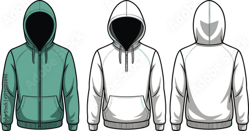Hoodie sweatshirt technical fashion illustration showing front and back views, modern casual apparel design, vector clothing template for streetwear, branding, and apparel production mockups