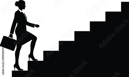Businesswoman silhouette climbing stairs toward success, career growth concept, leadership ambition, professional achievement, corporate motivation illustration, for modern business success