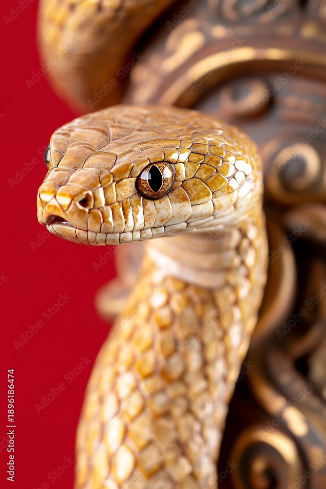Fototapeta premium Close-up of a detailed golden snake sculpture with intricate scales and a watchful eye against a vibrant red background.