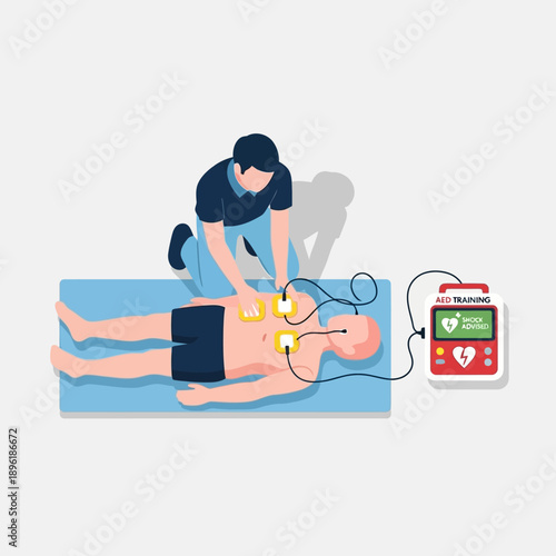 Vector illustration of a person performing CPR with a defibrillator, cardiopulmonary resuscitation training, emergency medical response isolated on White Background