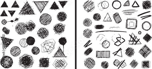 A comprehensive set of hand-drawn vector elements featuring black ink circles, triangles, rectangles, and expressive hatched textures in a minimalist sketch and grimy charcoal style.