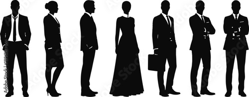 Set of professional business people silhouettes wearing suits and formal dresses standing in various poses on white background, vector