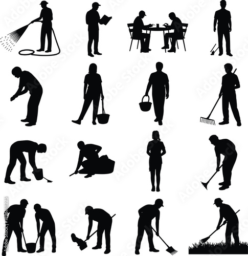 Silhouettes of professional workers performing cleaning, gardening, maintenance and labor tasks, human activity icons set isolated on white background for industry and service concepts