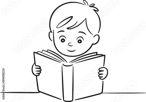 Single Line Drawing of a Curious Child Reading a Storybook – Playful Minimal Black Ink Illustration