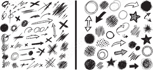 A diverse collection of hand-drawn vector elements featuring black ink arrows, stars, circles, and textured scribbles in a raw, expressive sketch style perfect for dynamic graphic designs.