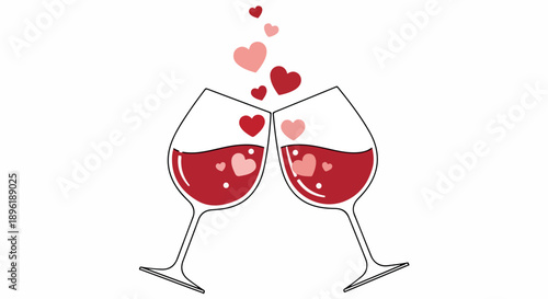 Illustration of two wine glasses clinking with red liquid and floating hearts on a white background.