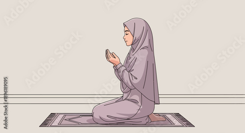 Muslim Woman Praying on Prayer Rug, Islamic Devotion and Spirituality