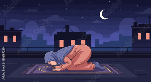 Muslim Woman Praying on Rooftop Under Crescent Moon and Stars at Night