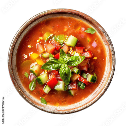 Vibrant gazpacho bowl with fresh basil and diced vegetables, top view isolated on white background