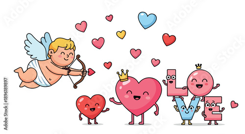 Cartoon cherub shoots arrow surrounded by hearts and cute heart characters with smiling faces on a white background with a playful and romantic mood.